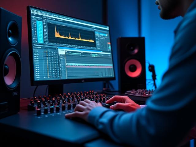 Sound engineer's desk with mastering software on screen
